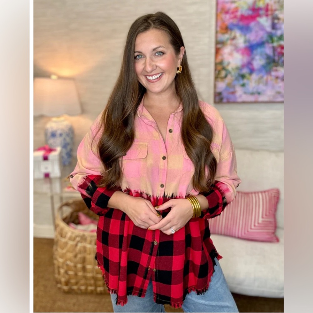 Buckle Pink and Red Plaid Button Down Shirt